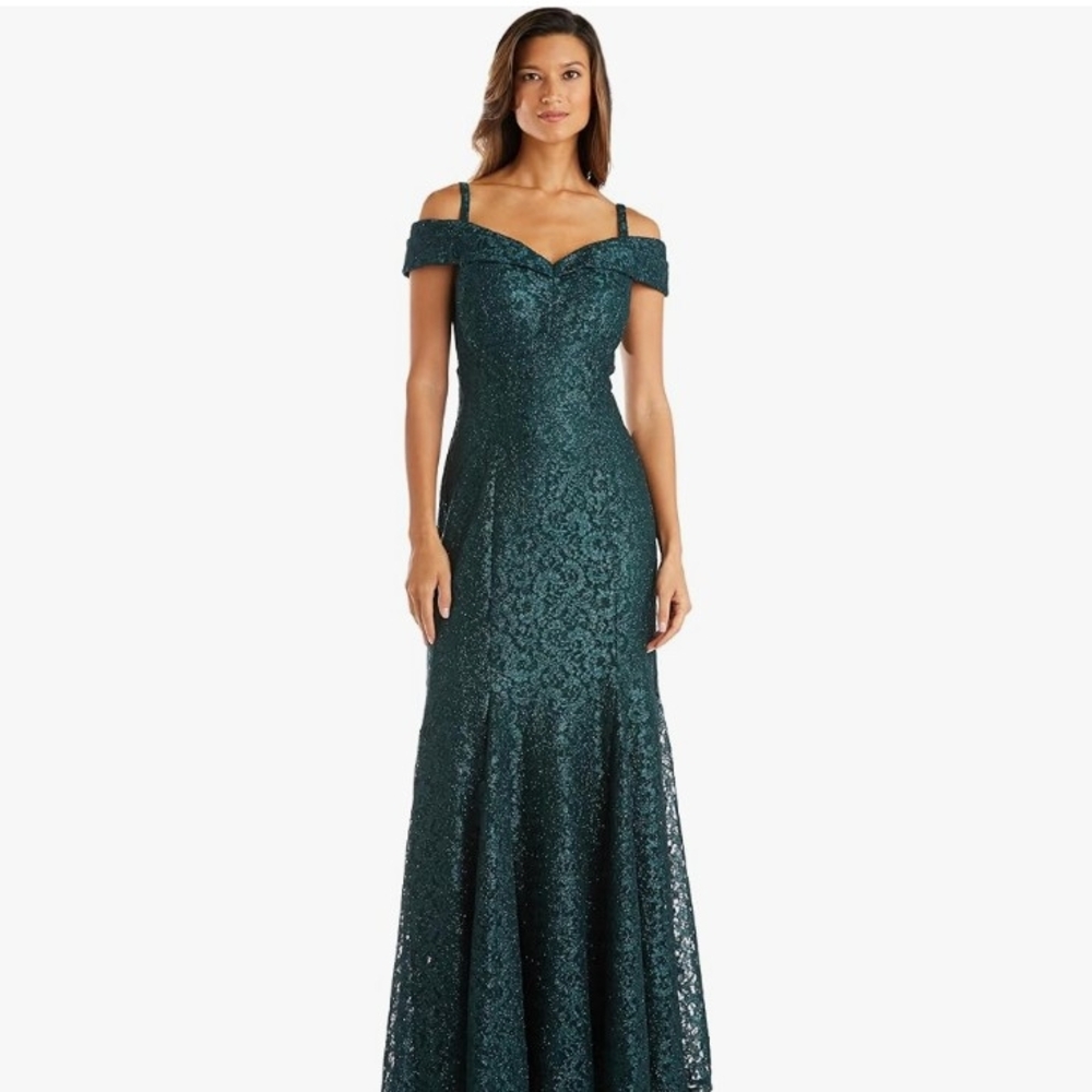 R & M Richards Teal Off-Shoulder Lace Gown